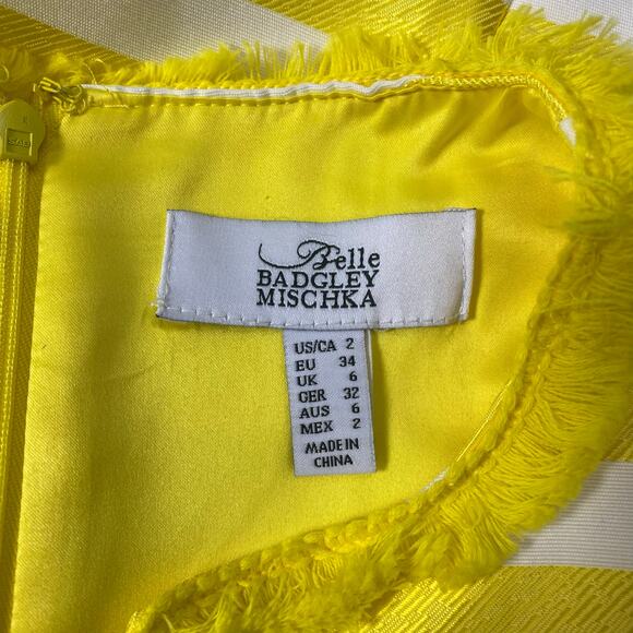 Badgley Mischka Belle Bright Yellow White Stripe Fringe Trim Sheath Dress Size 2 - Picture 2 of 11